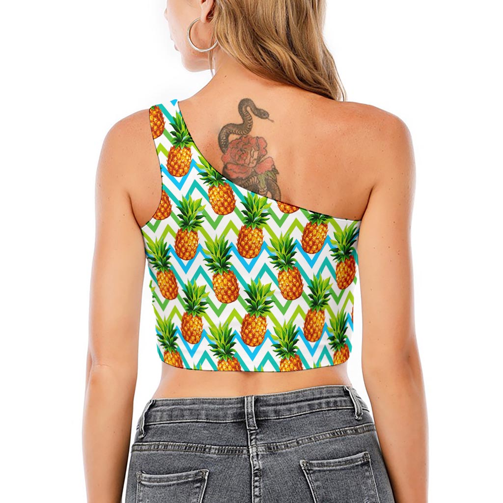 Teal Zig Zag Pineapple Pattern Print One Shoulder Crop Top