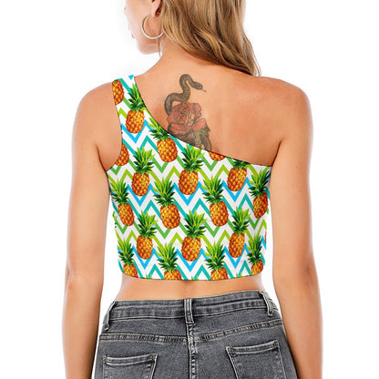 Teal Zig Zag Pineapple Pattern Print One Shoulder Crop Top