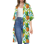 Teal Zig Zag Pineapple Pattern Print Open Front Beach Cover Up