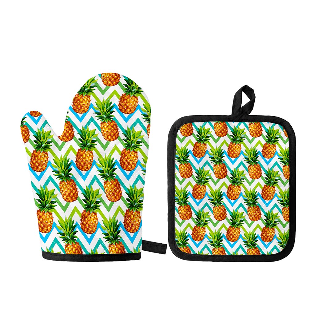 Teal Zig Zag Pineapple Pattern Print Oven Mitt And Pot Holder Set
