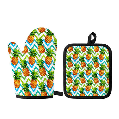 Teal Zig Zag Pineapple Pattern Print Oven Mitt And Pot Holder Set
