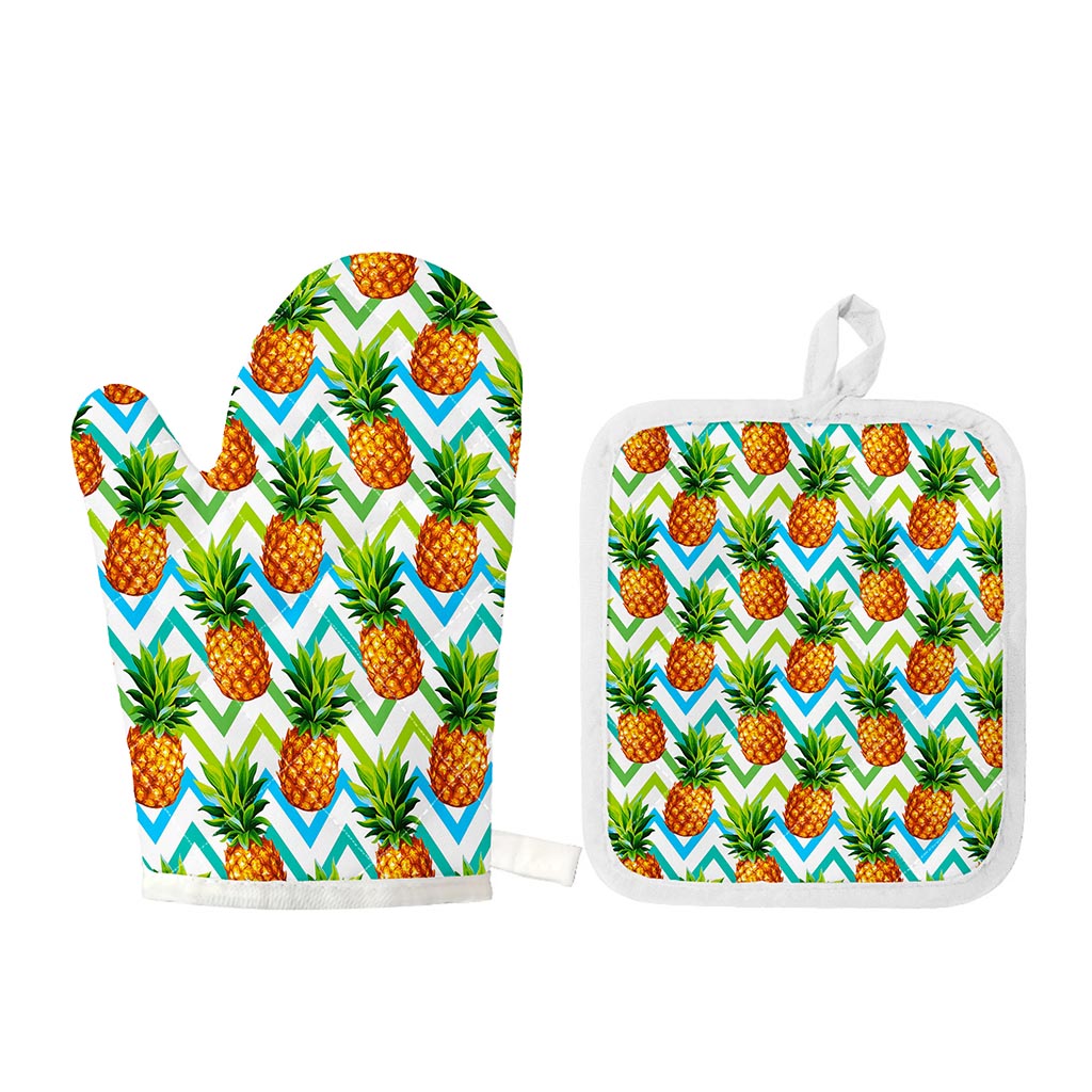 Teal Zig Zag Pineapple Pattern Print Oven Mitt And Pot Holder Set