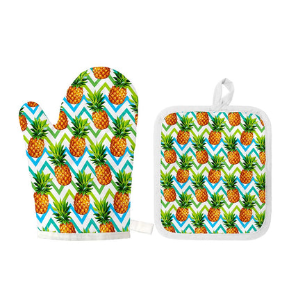 Teal Zig Zag Pineapple Pattern Print Oven Mitt And Pot Holder Set