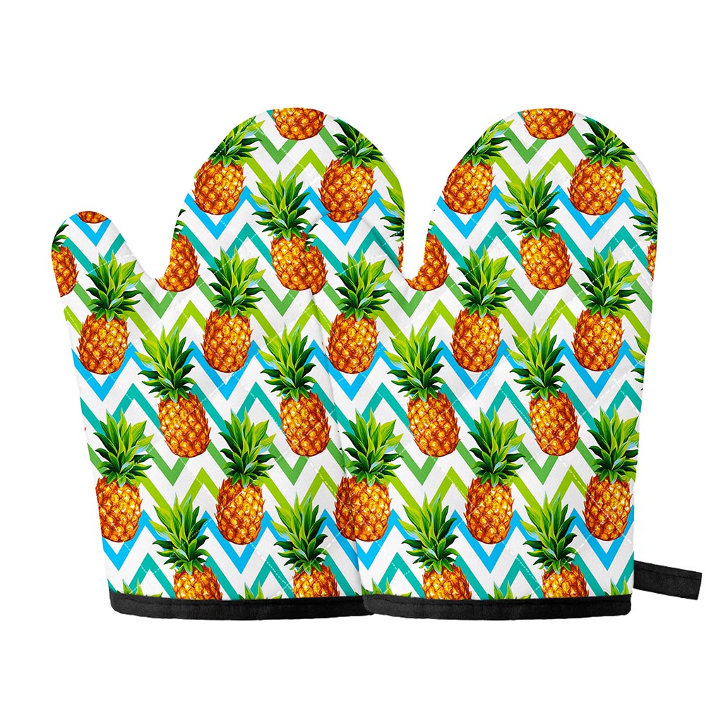 Teal Zig Zag Pineapple Pattern Print Oven Mitts