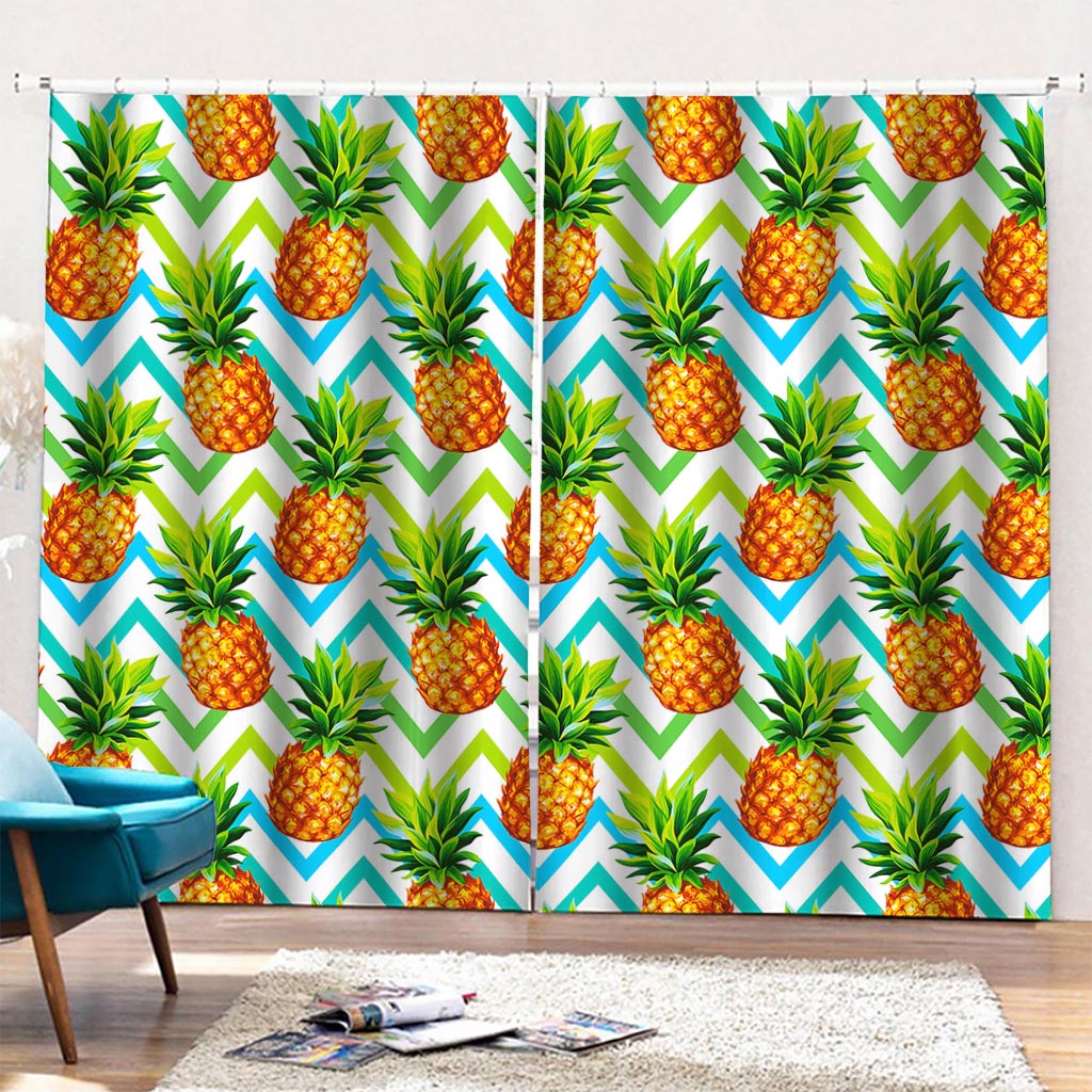 Teal Zig Zag Pineapple Pattern Print Pencil Pleat Curtains