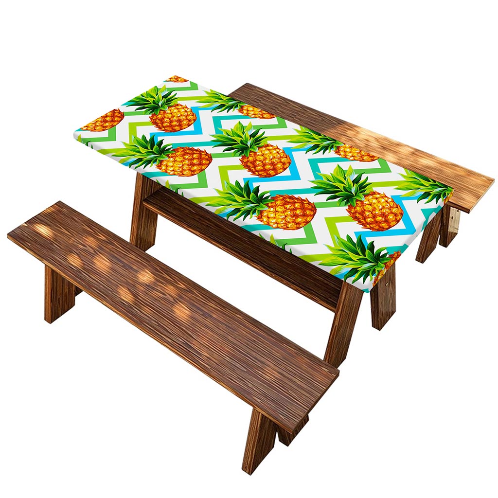Teal Zig Zag Pineapple Pattern Print Picnic Table Cover