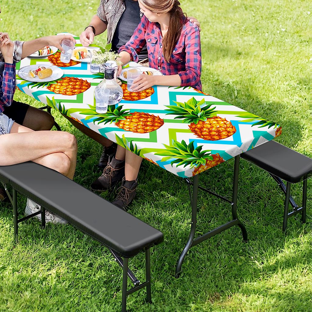 Teal Zig Zag Pineapple Pattern Print Picnic Table Cover