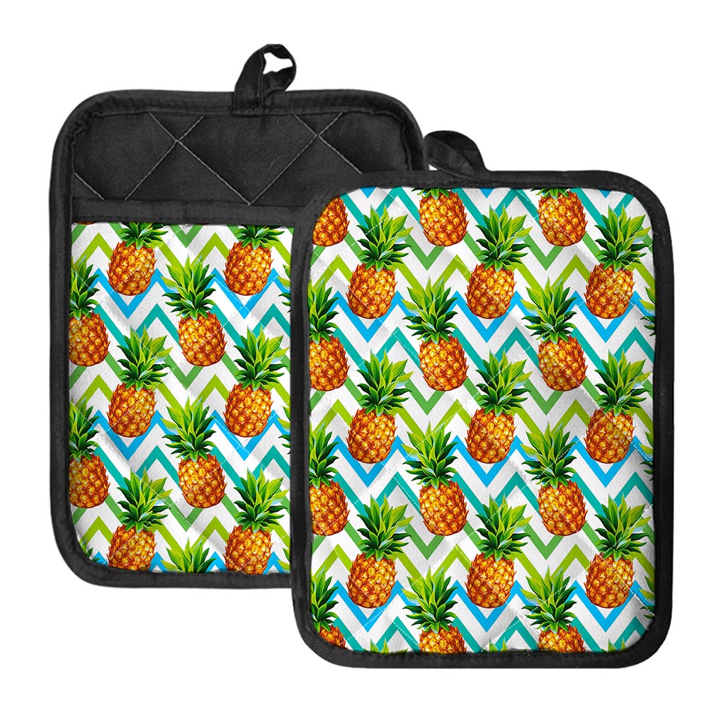 Teal Zig Zag Pineapple Pattern Print Pot Holders With Pocket