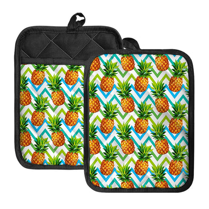 Teal Zig Zag Pineapple Pattern Print Pot Holders With Pocket