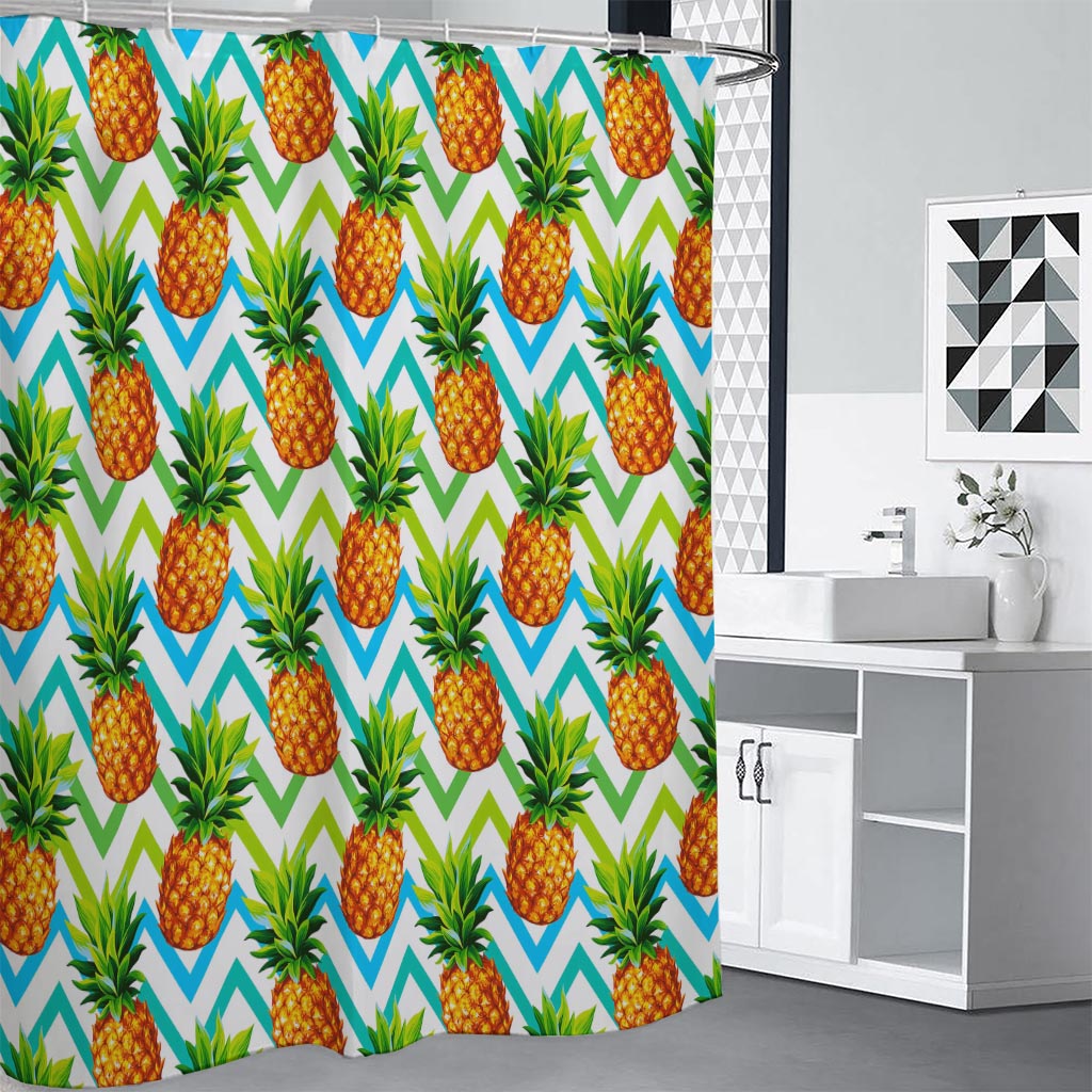 Teal Zig Zag Pineapple Pattern Print Premium Shower Curtain