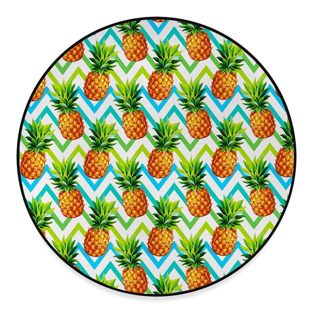 Teal Zig Zag Pineapple Pattern Print Round Floor Mat