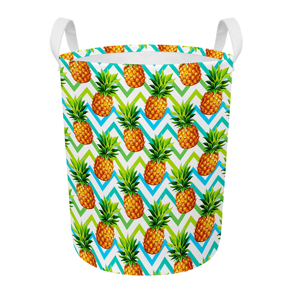 Teal Zig Zag Pineapple Pattern Print Round Laundry Basket
