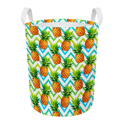 Teal Zig Zag Pineapple Pattern Print Round Laundry Basket