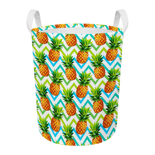 Teal Zig Zag Pineapple Pattern Print Round Laundry Basket