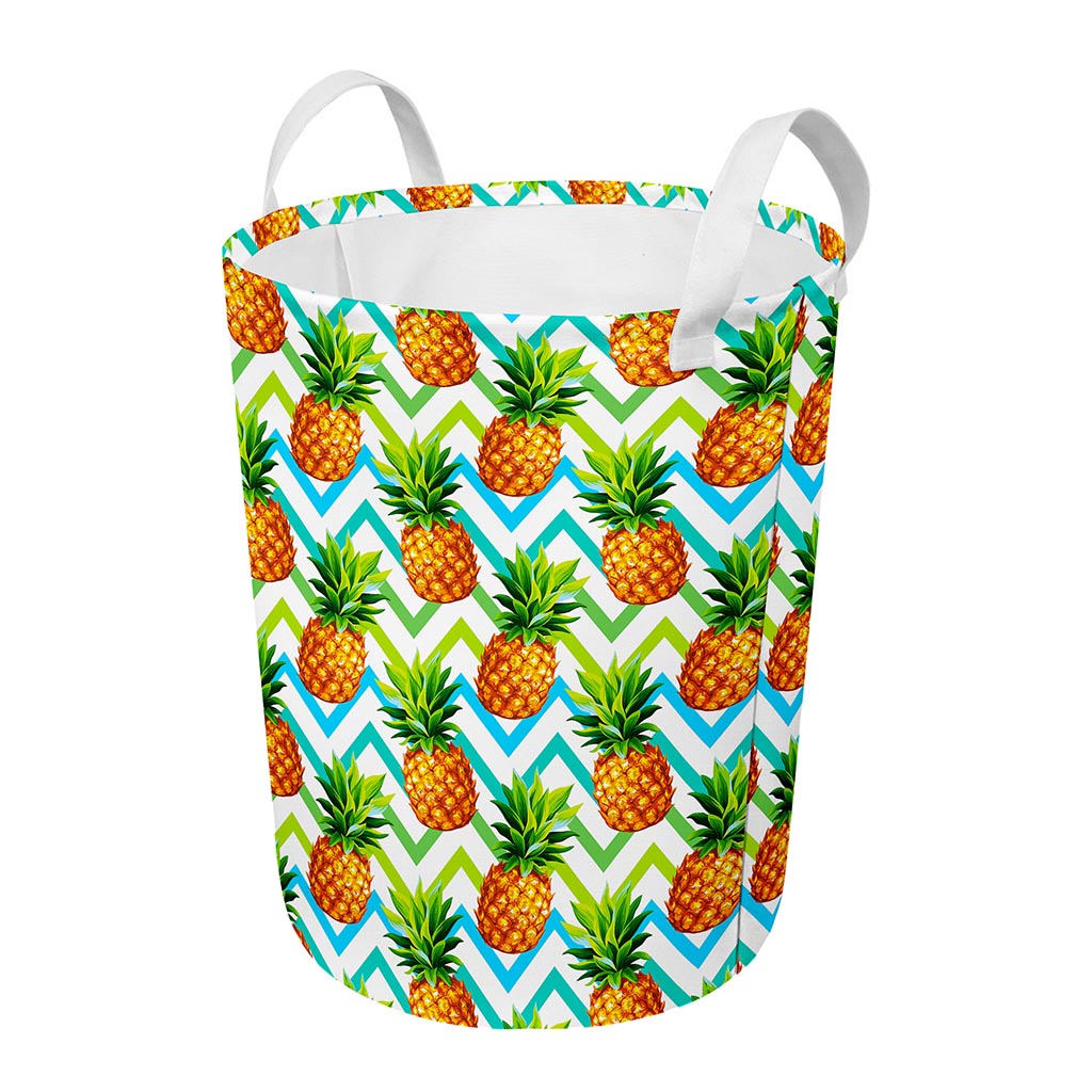 Teal Zig Zag Pineapple Pattern Print Round Laundry Basket