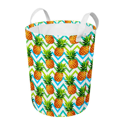 Teal Zig Zag Pineapple Pattern Print Round Laundry Basket