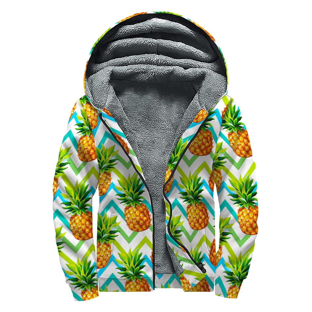 Teal Zig Zag Pineapple Pattern Print Sherpa Lined Zip Up Hoodie