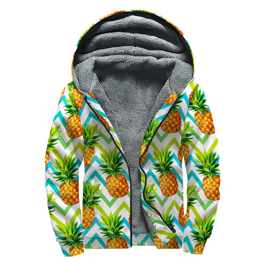 Teal Zig Zag Pineapple Pattern Print Sherpa Lined Zip Up Hoodie