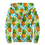 Teal Zig Zag Pineapple Pattern Print Sherpa Lined Zip Up Hoodie