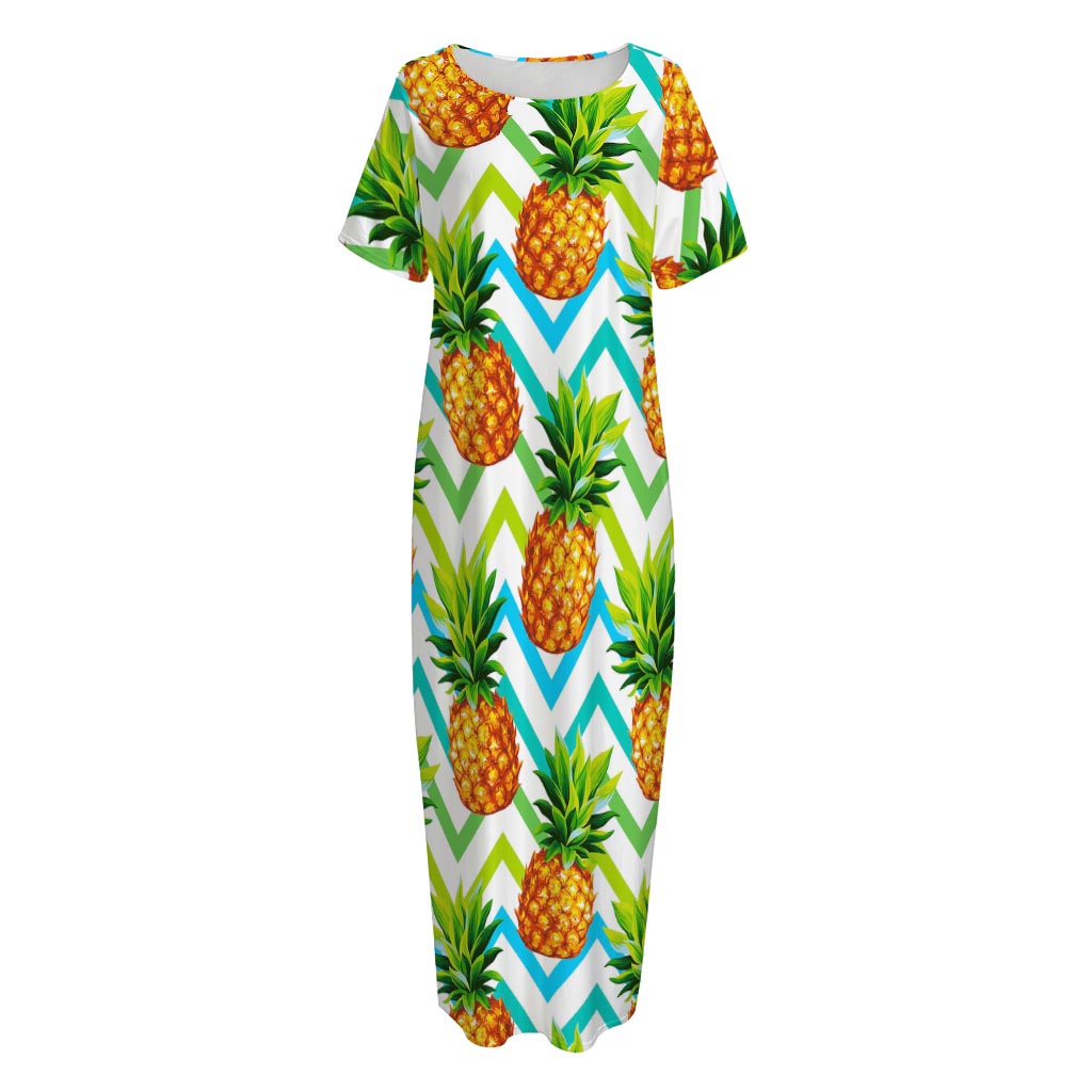 Teal Zig Zag Pineapple Pattern Print Short Sleeve Long Nightdress