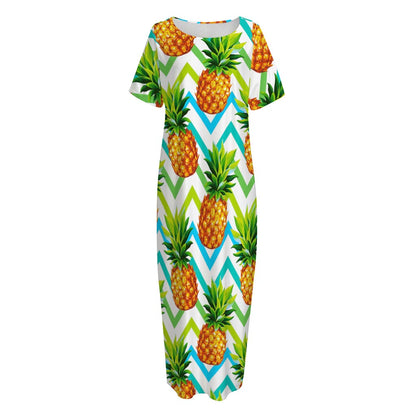 Teal Zig Zag Pineapple Pattern Print Short Sleeve Long Nightdress