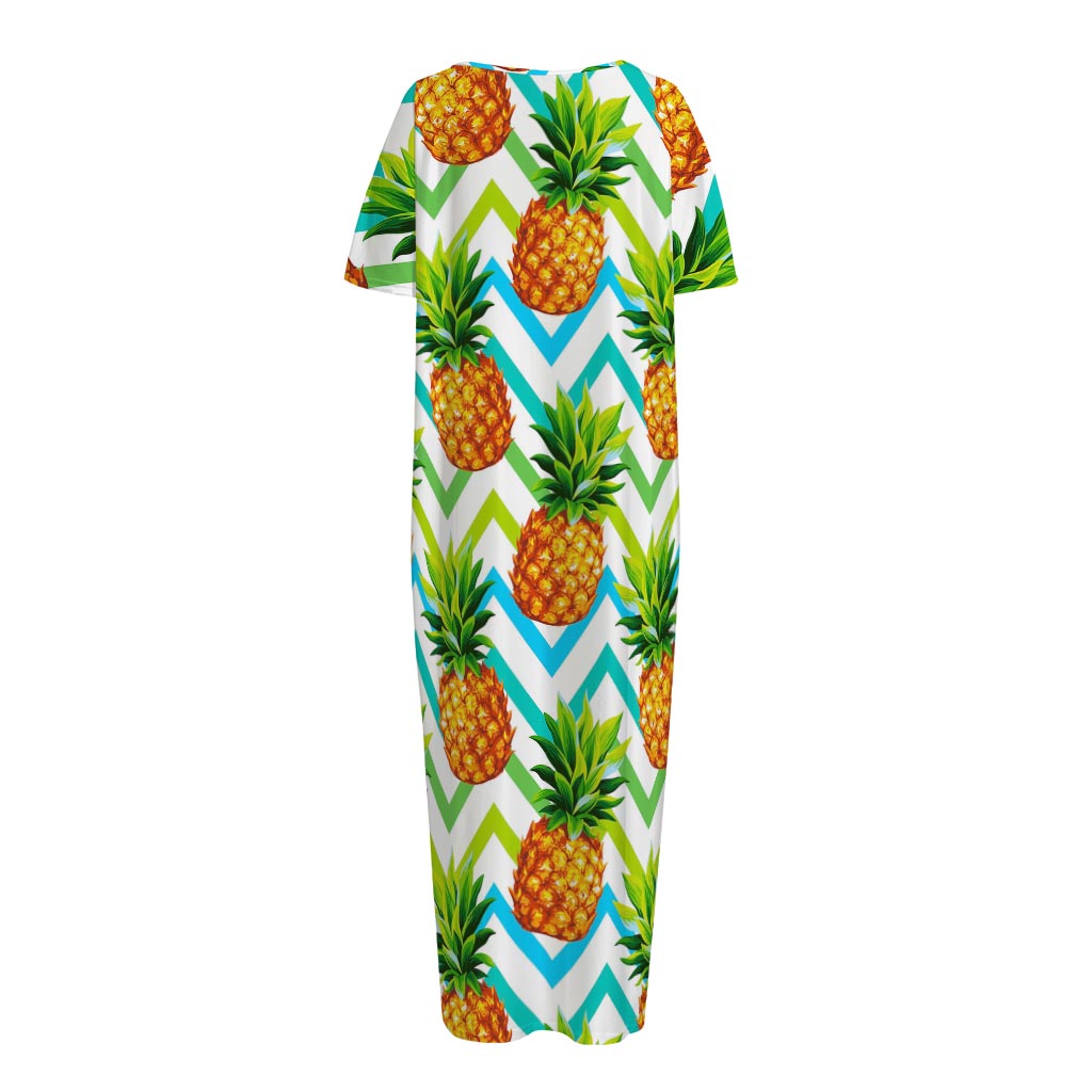 Teal Zig Zag Pineapple Pattern Print Short Sleeve Long Nightdress
