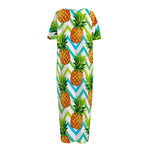 Teal Zig Zag Pineapple Pattern Print Short Sleeve Long Nightdress