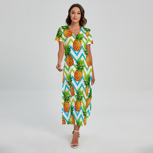 Teal Zig Zag Pineapple Pattern Print Short Sleeve Maxi Dress
