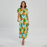 Teal Zig Zag Pineapple Pattern Print Short Sleeve Maxi Dress