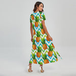 Teal Zig Zag Pineapple Pattern Print Short Sleeve Maxi Dress