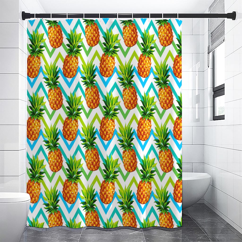 Teal Zig Zag Pineapple Pattern Print Shower Curtain