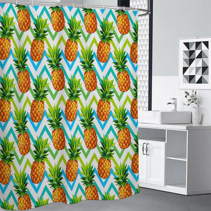 Teal Zig Zag Pineapple Pattern Print Shower Curtain