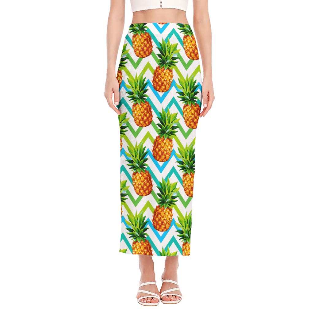 Teal Zig Zag Pineapple Pattern Print Side Slit Maxi Skirt