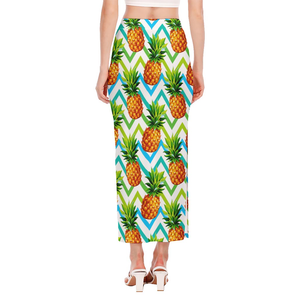 Teal Zig Zag Pineapple Pattern Print Side Slit Maxi Skirt