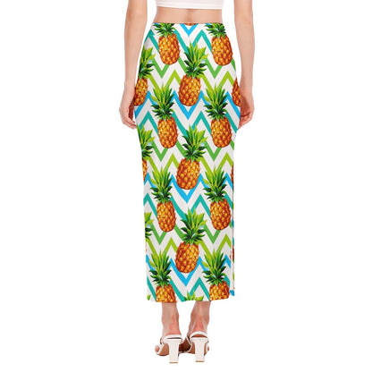 Teal Zig Zag Pineapple Pattern Print Side Slit Maxi Skirt