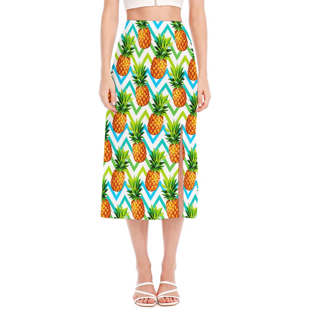 Teal Zig Zag Pineapple Pattern Print Side Slit Midi Skirt