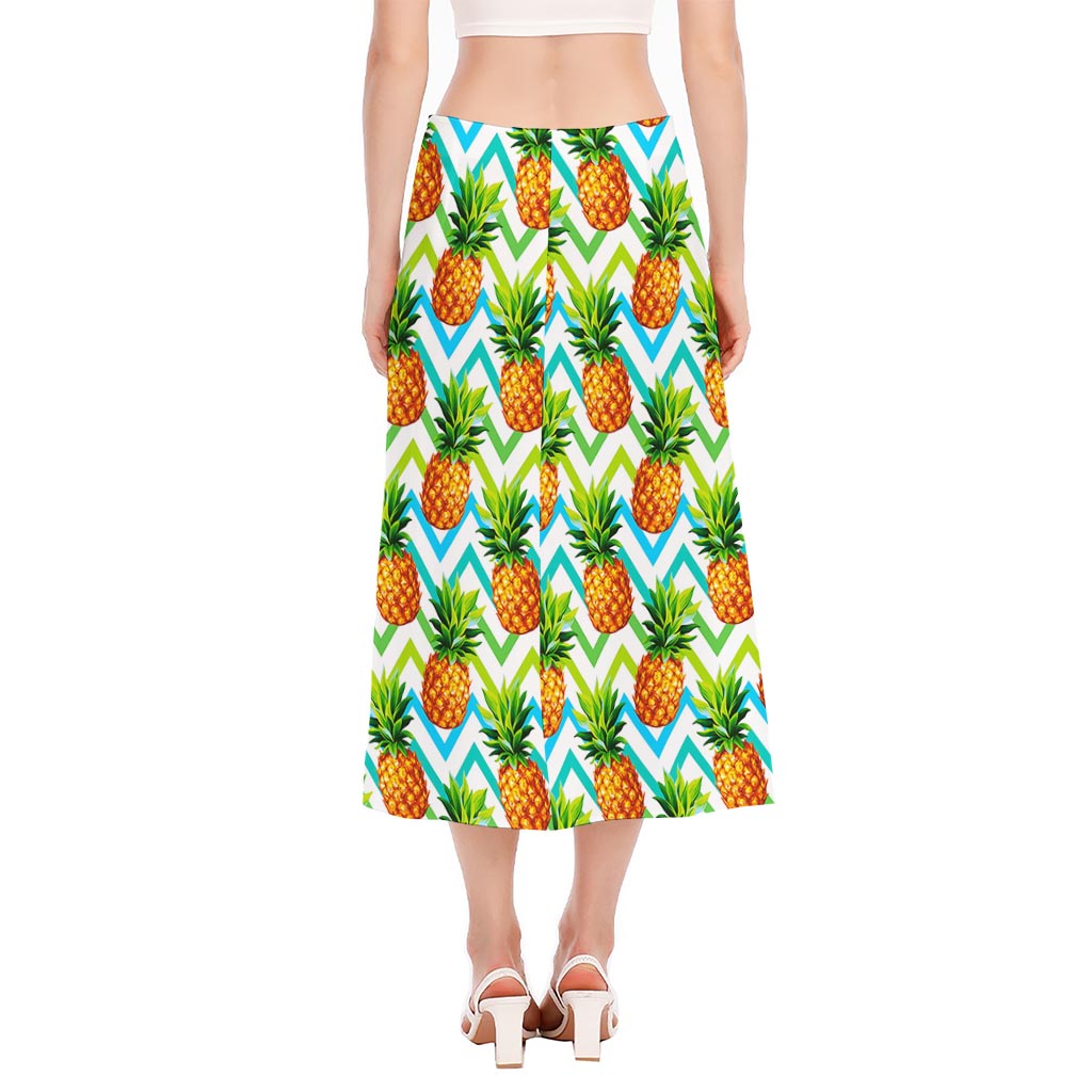 Teal Zig Zag Pineapple Pattern Print Side Slit Midi Skirt