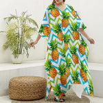 Teal Zig Zag Pineapple Pattern Print Silk V-Neck Kaftan Dress