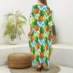 Teal Zig Zag Pineapple Pattern Print Silk V-Neck Kaftan Dress
