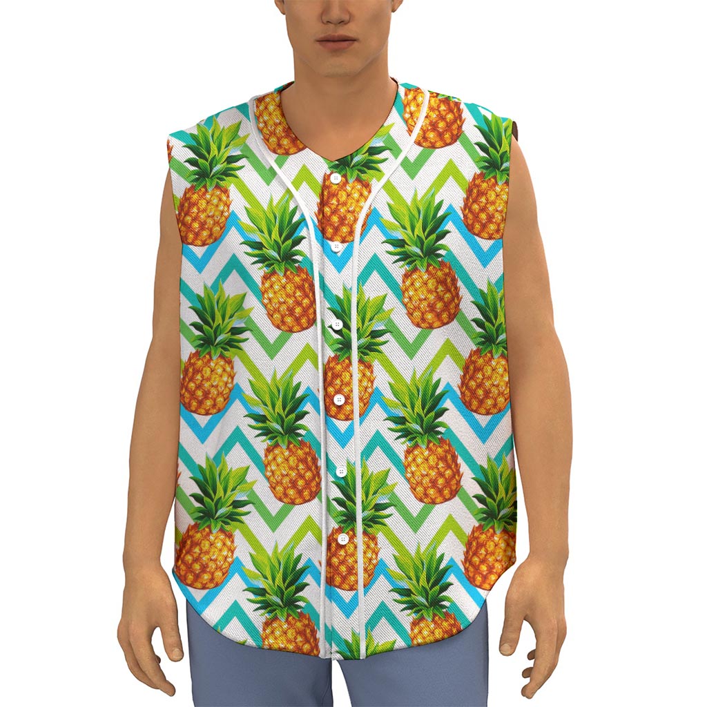 Teal Zig Zag Pineapple Pattern Print Sleeveless Baseball Jersey