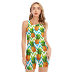 Teal Zig Zag Pineapple Pattern Print Sleeveless One Piece Swimsuit
