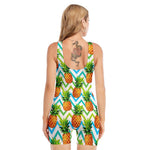 Teal Zig Zag Pineapple Pattern Print Sleeveless One Piece Swimsuit