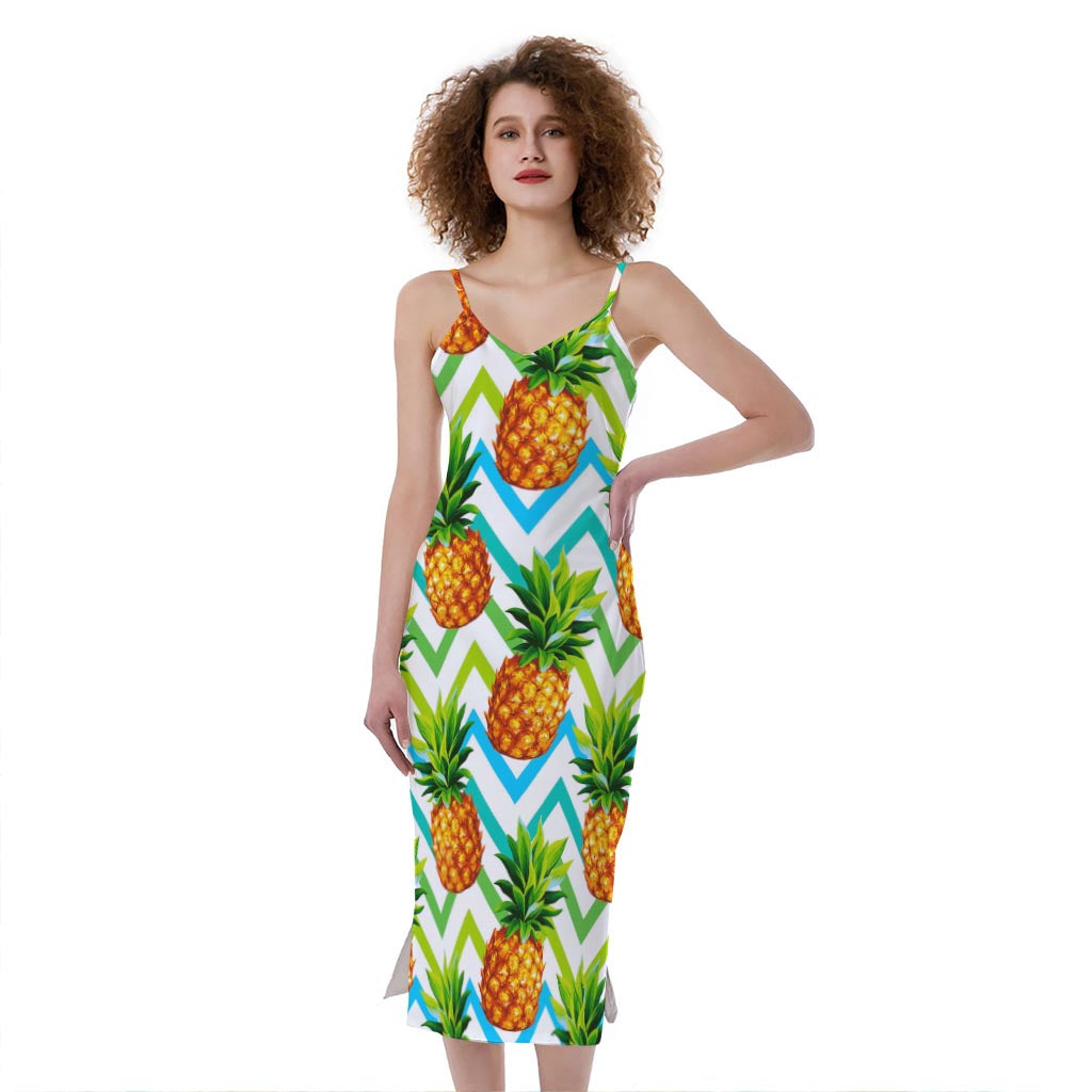 Teal Zig Zag Pineapple Pattern Print Slim Fit Midi Cami Dress