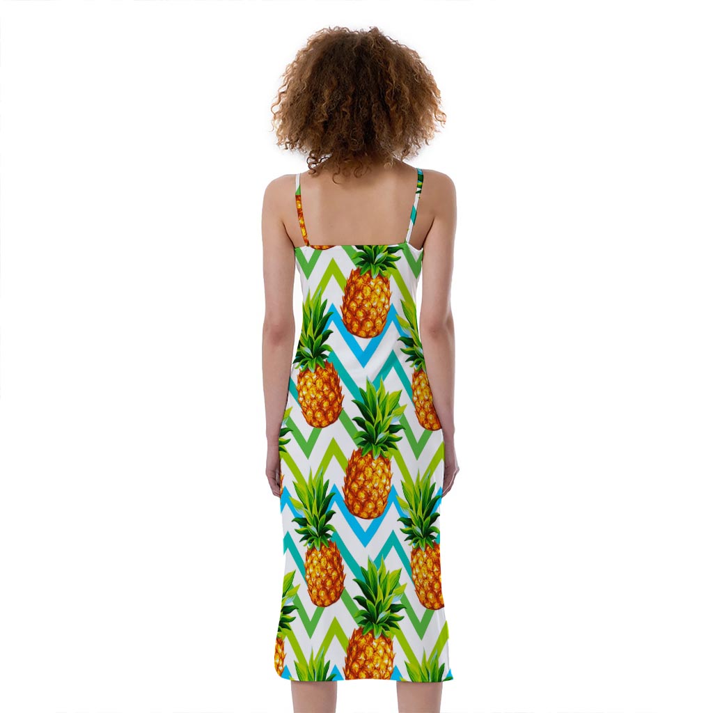 Teal Zig Zag Pineapple Pattern Print Slim Fit Midi Cami Dress