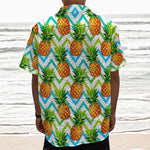Teal Zig Zag Pineapple Pattern Print Textured Short Sleeve Shirt