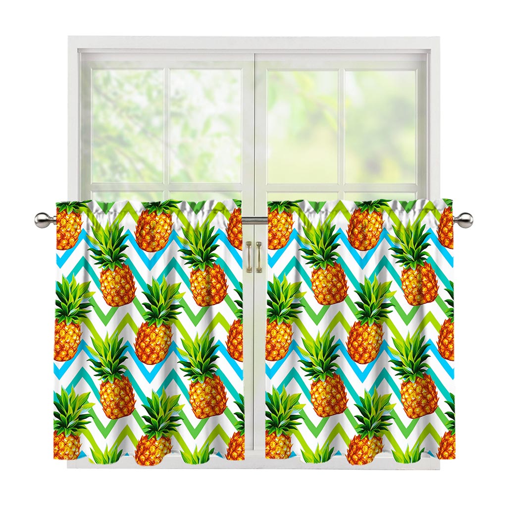 Teal Zig Zag Pineapple Pattern Print Tier Curtains