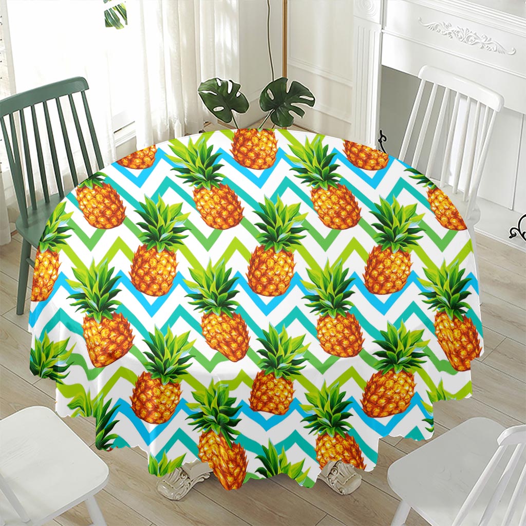 Teal Zig Zag Pineapple Pattern Print Waterproof Round Tablecloth