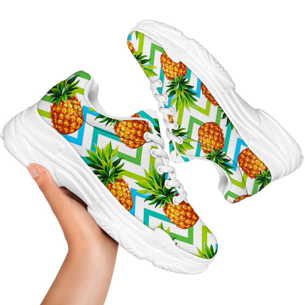 Teal Zig Zag Pineapple Pattern Print White Chunky Shoes