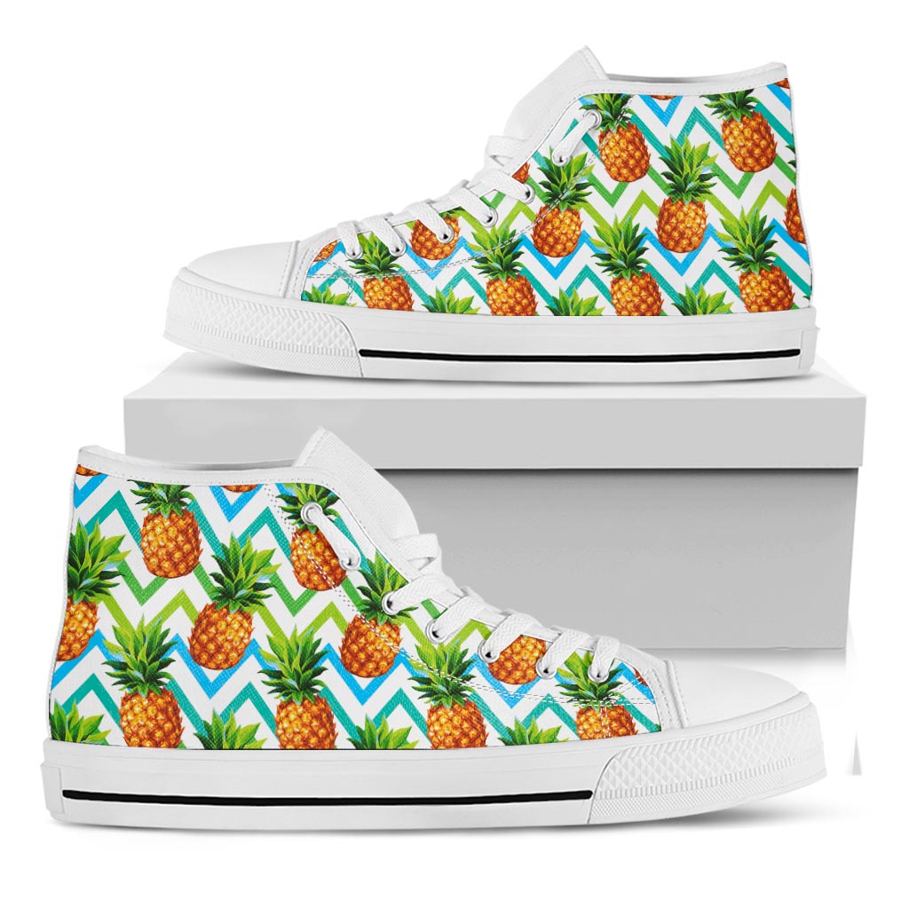 Teal Zig Zag Pineapple Pattern Print White High Top Sneakers