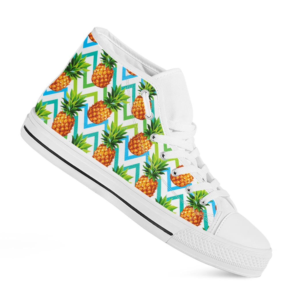 Teal Zig Zag Pineapple Pattern Print White High Top Sneakers